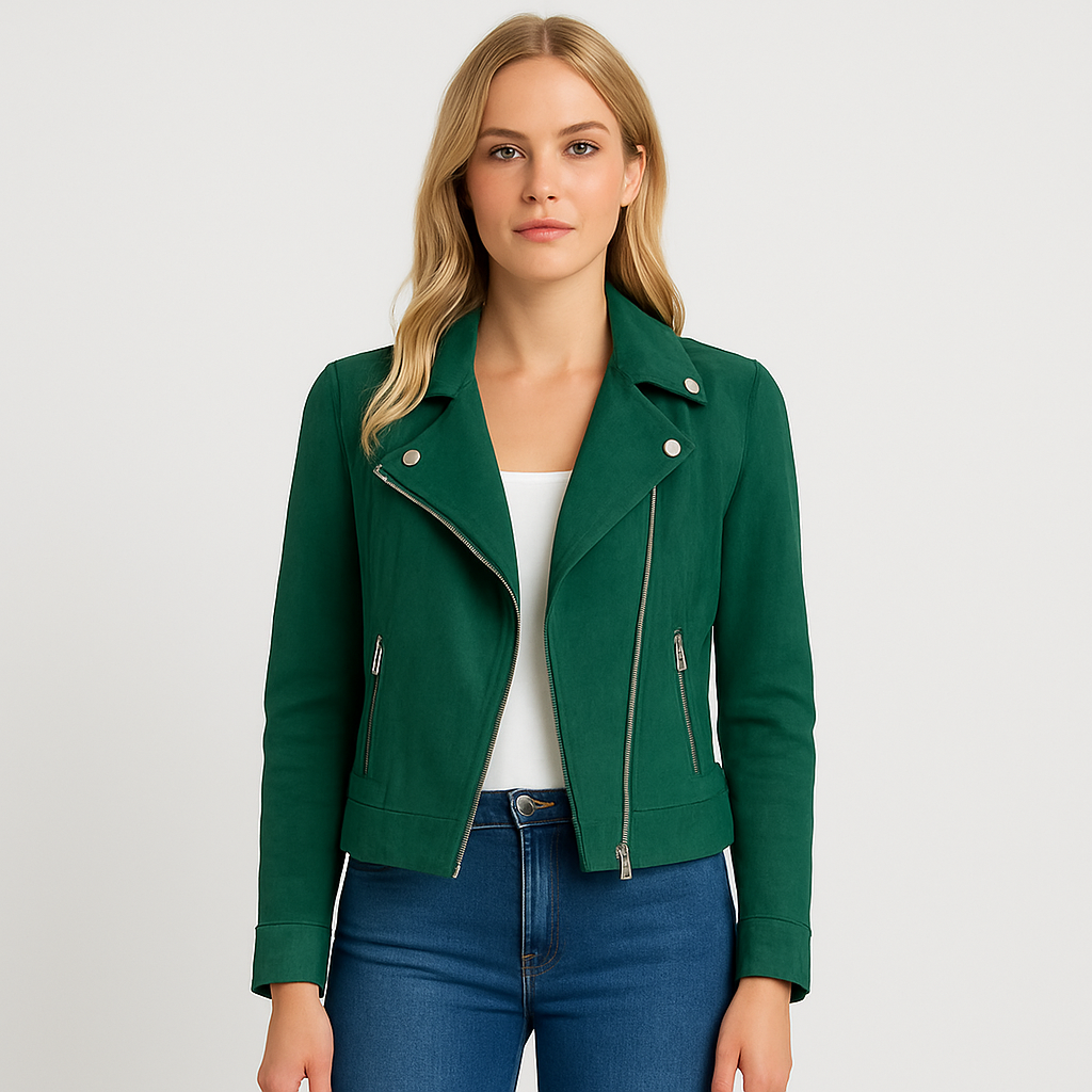 Moto-style jacket with asymmetrical zipper, notched lapel collar, and metallic hardware detailing designed for versatile layering
