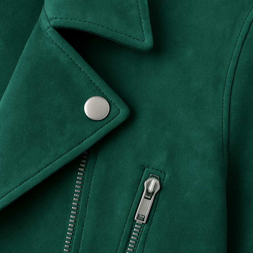 Moto-style jacket with asymmetrical zipper, notched lapel collar, and metallic hardware detailing designed for versatile layering