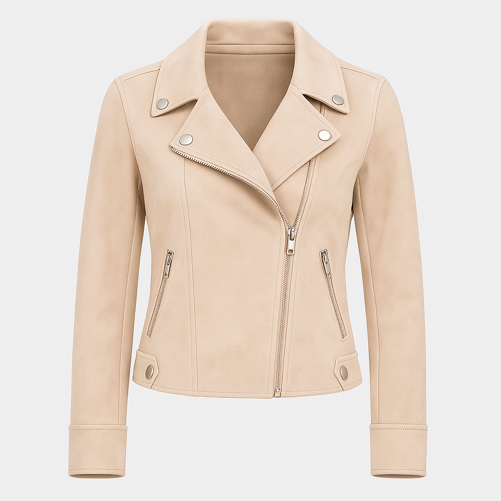 Moto-style jacket with asymmetrical zipper, notched lapel collar, and metallic hardware detailing designed for versatile layering