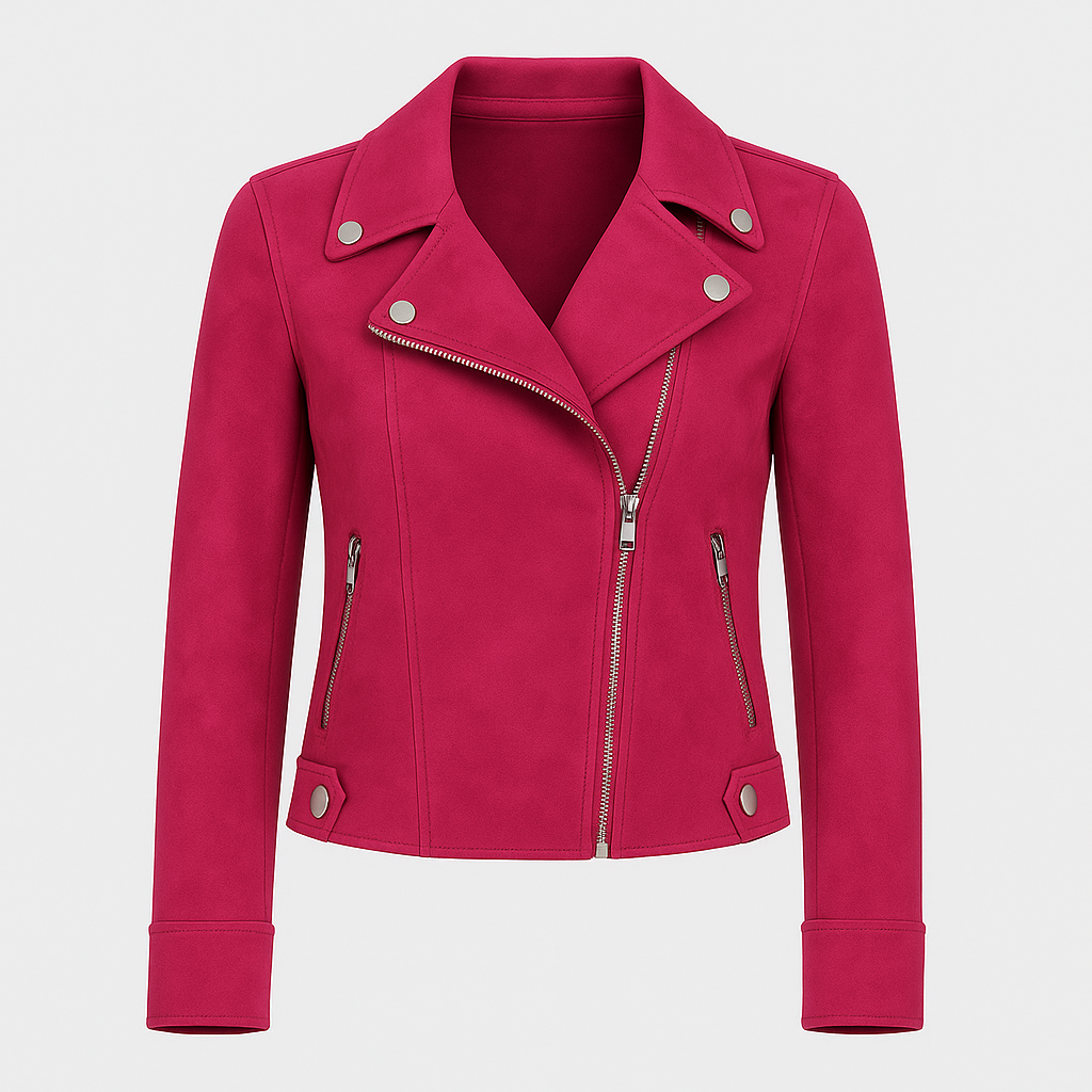 Moto-style jacket with asymmetrical zipper, notched lapel collar, and metallic hardware detailing designed for versatile layering