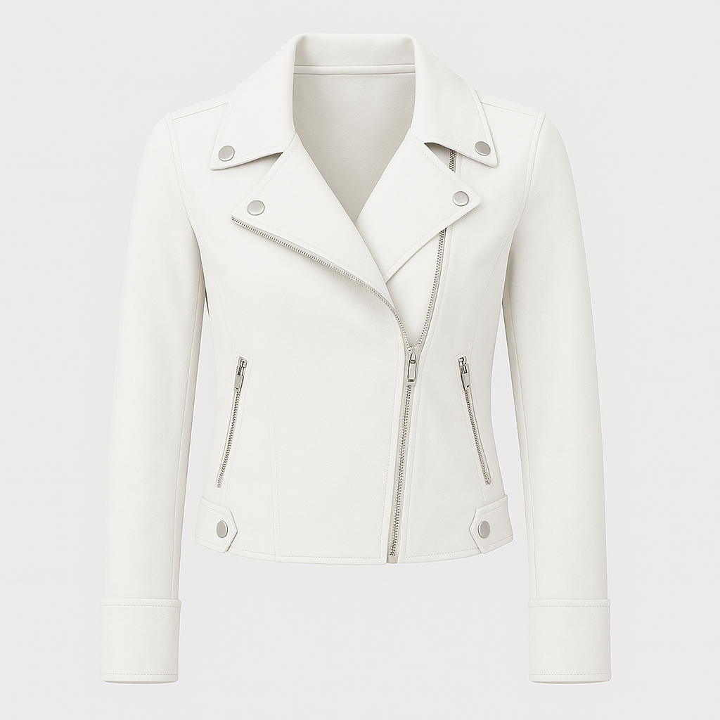 Moto-style jacket with asymmetrical zipper, notched lapel collar, and metallic hardware detailing designed for versatile layering