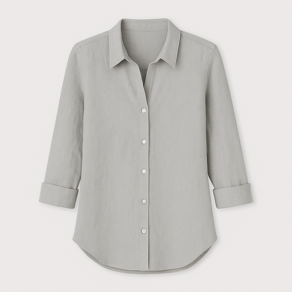 Button-up blouse, collared neckline, and 3/4 rolled sleeves.