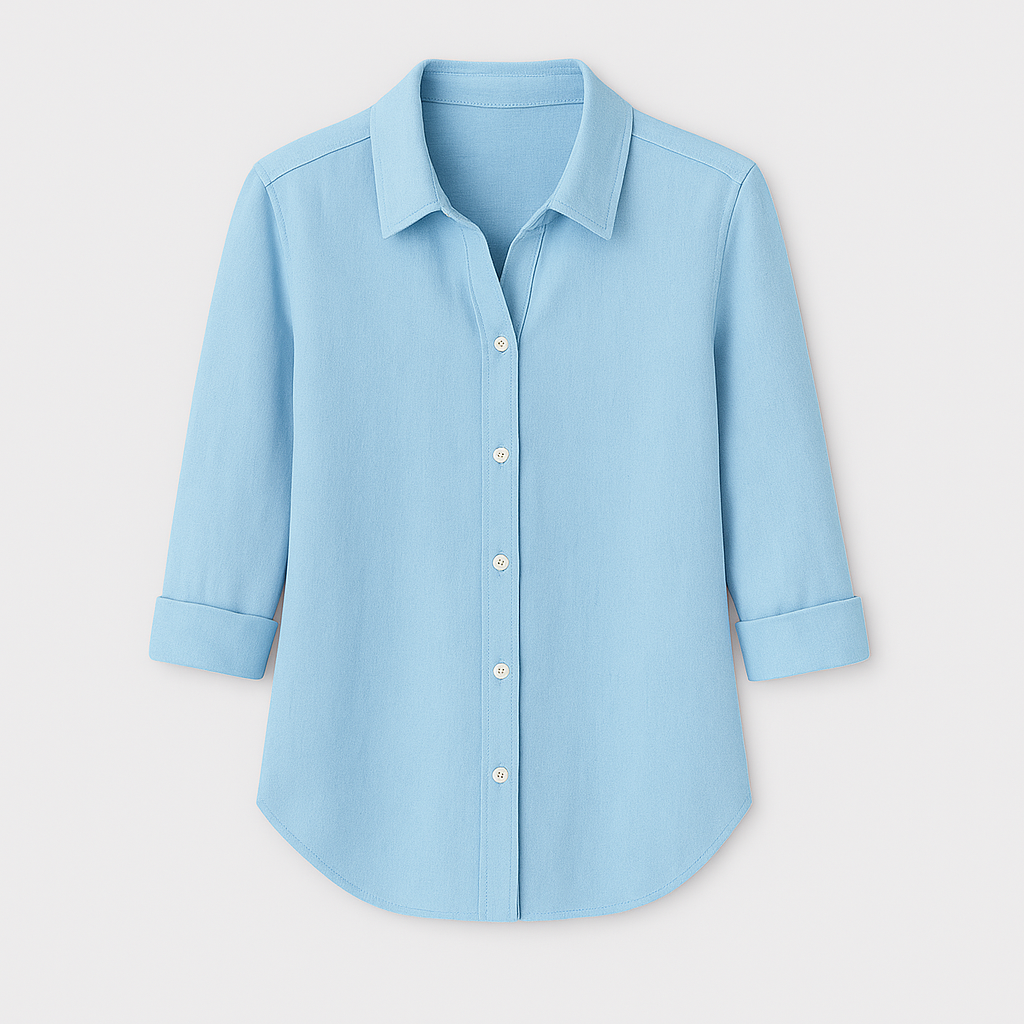 Button-up blouse, collared neckline, and 3/4 rolled sleeves.