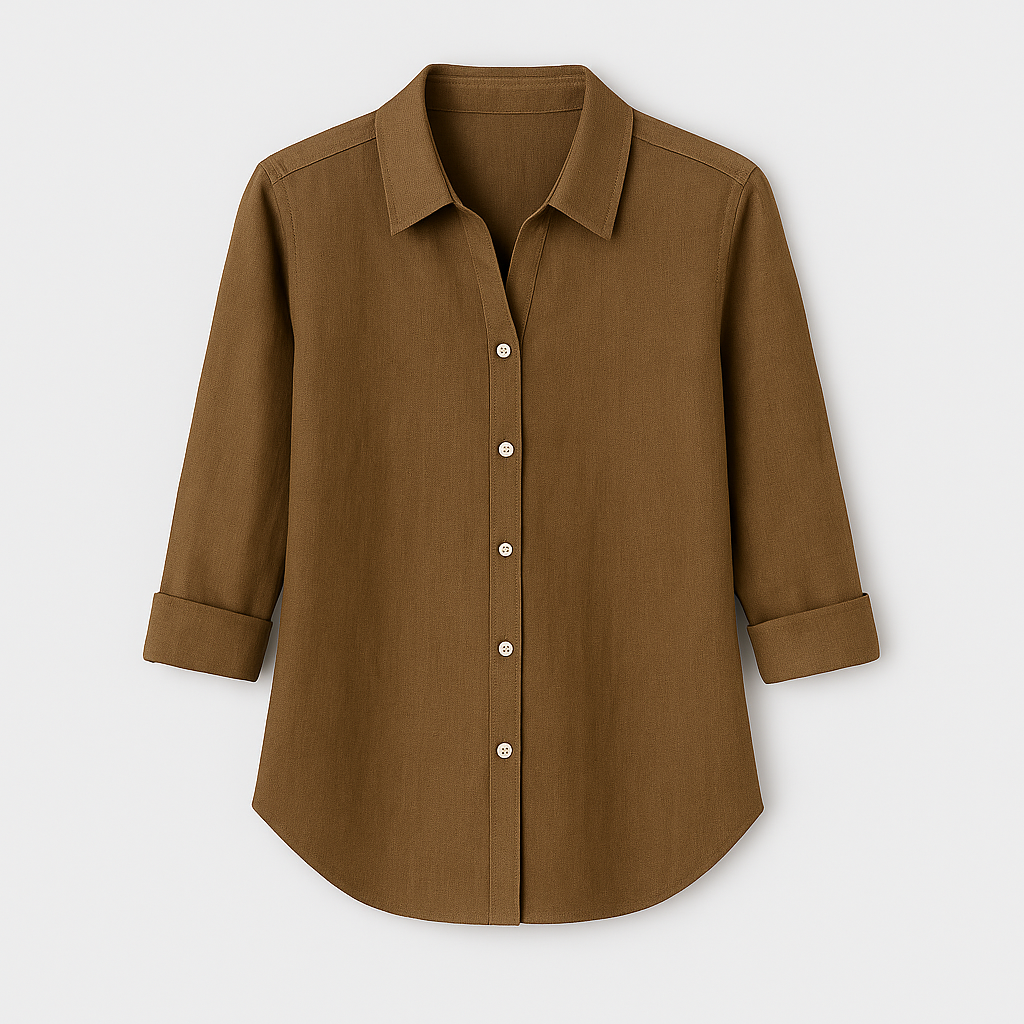 Button-up blouse, collared neckline, and 3/4 rolled sleeves.