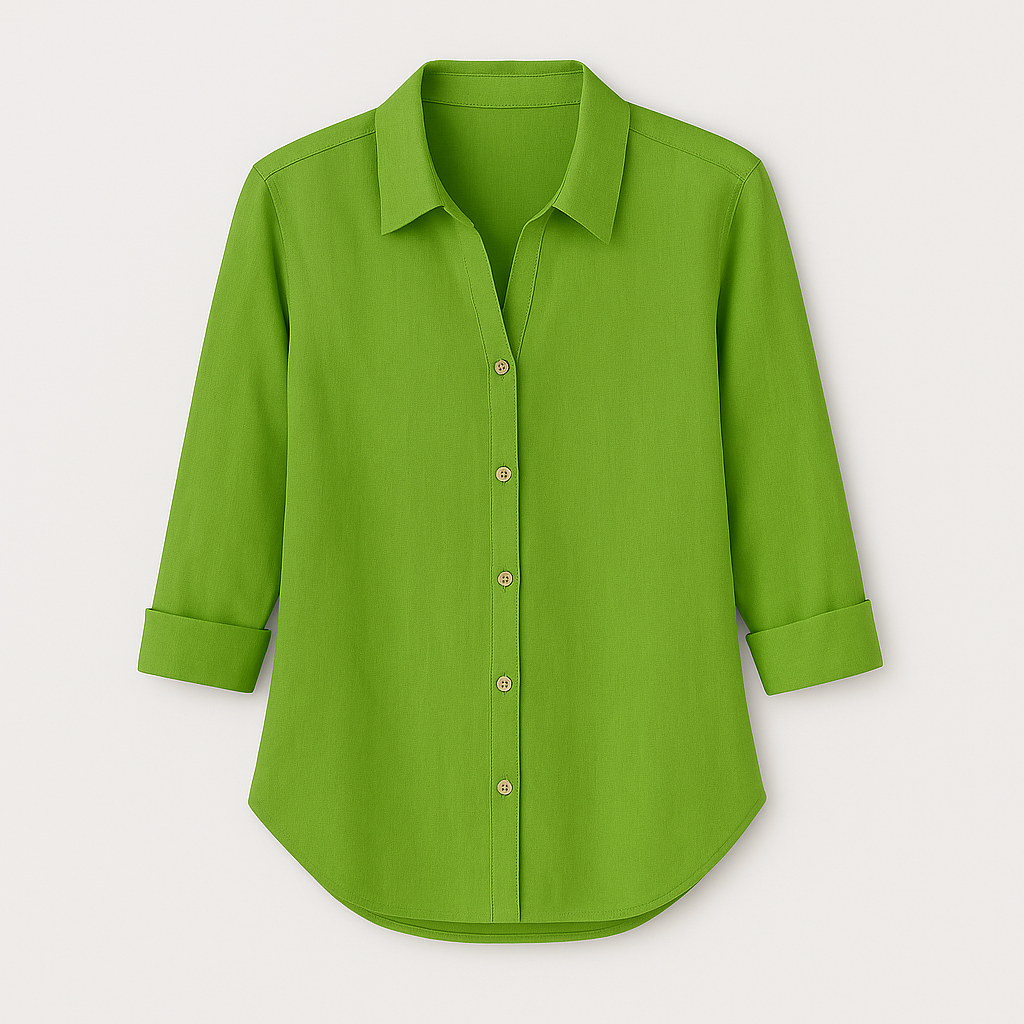 Button-up blouse, collared neckline, and 3/4 rolled sleeves.