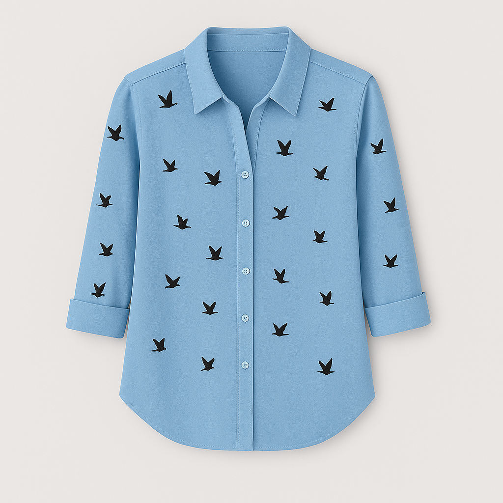 Button-up blouse with black bird print pattern, collared neckline, and 3/4 rolled sleeves.