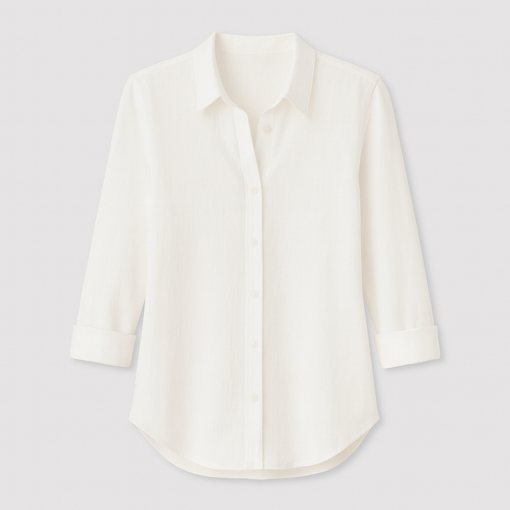 Button-up blouse, collared neckline, and 3/4 rolled sleeves.