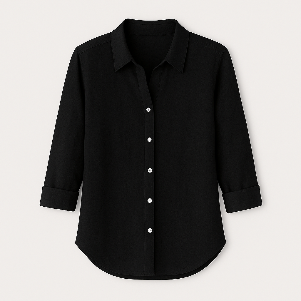 Button-up blouse, collared neckline, and 3/4 rolled sleeves.