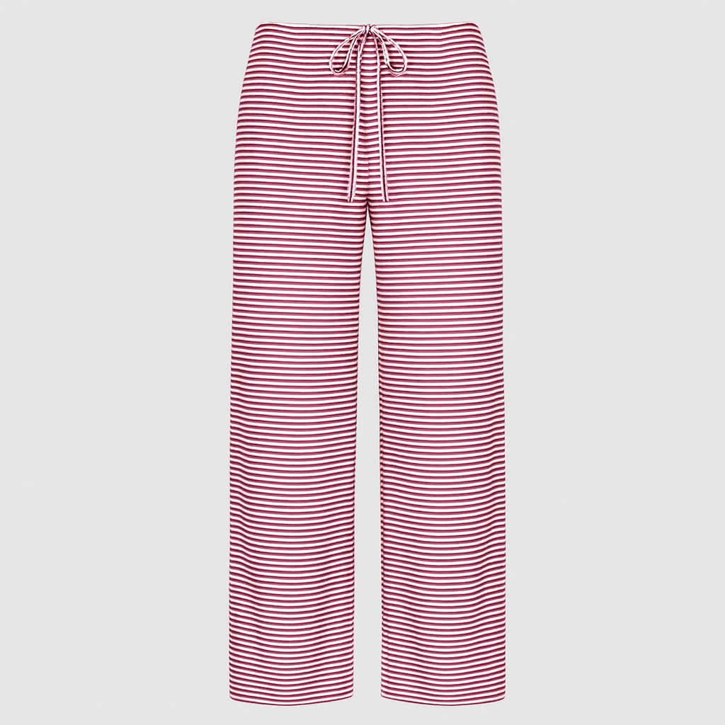 Wide-leg striped pants with elastic waistband and drawstring tie.