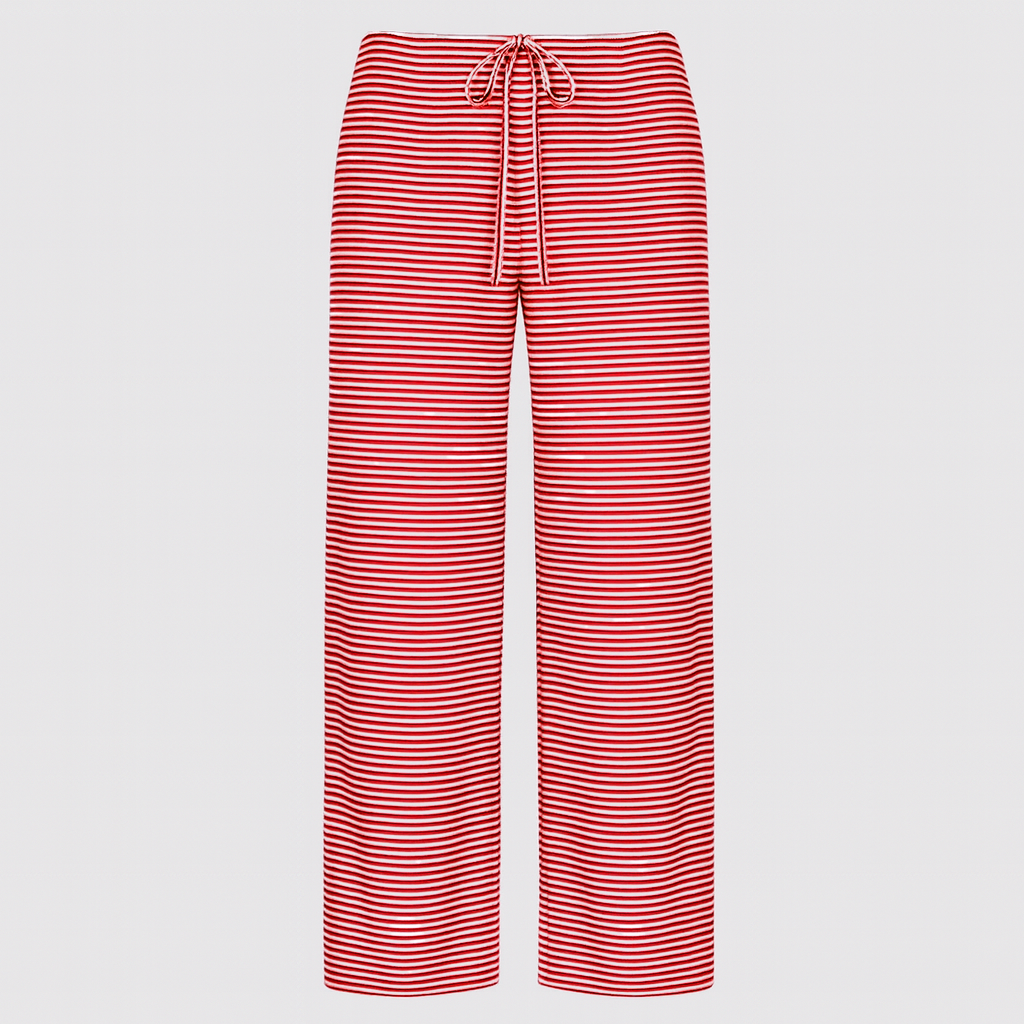 Wide-leg striped pants with elastic waistband and drawstring tie.