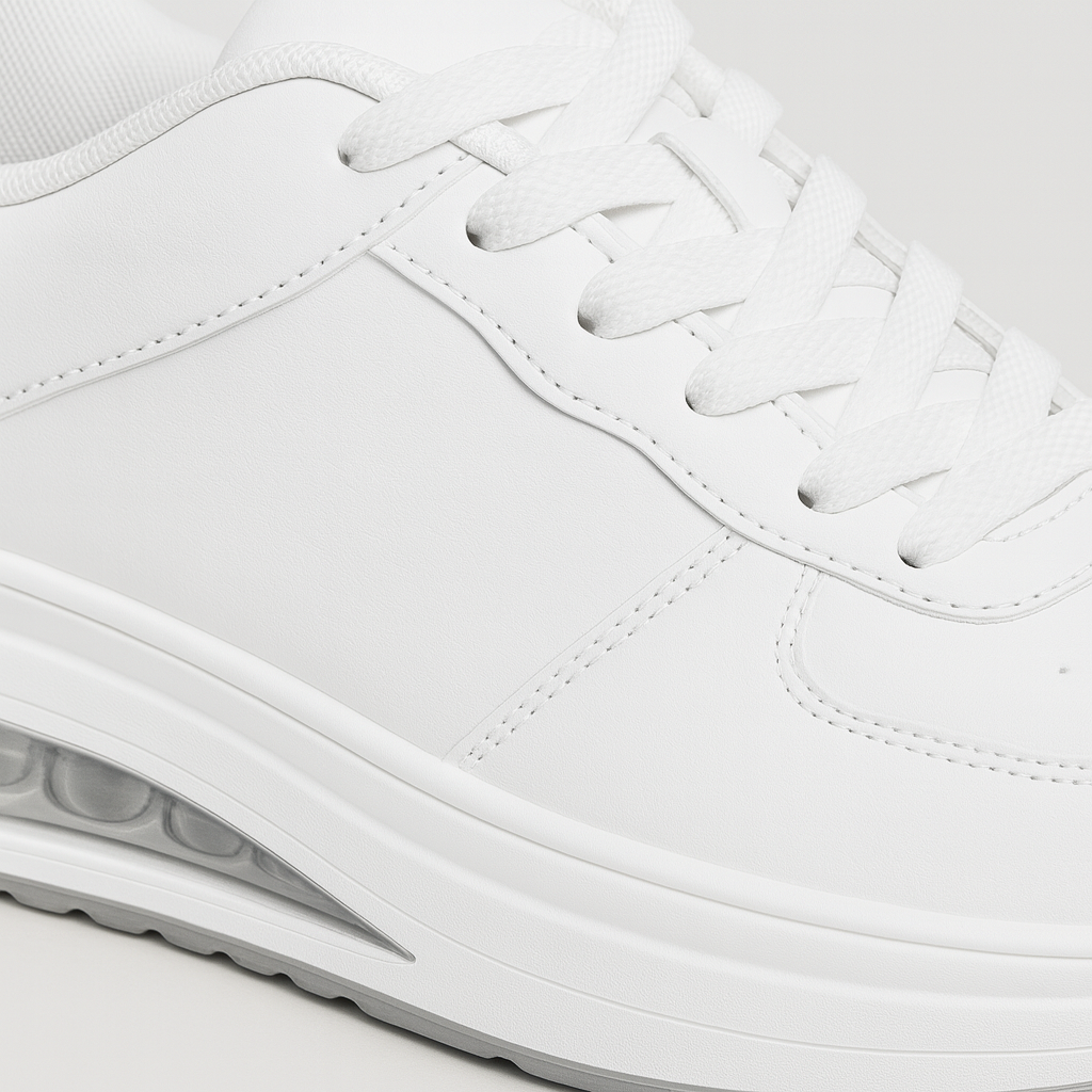 White sneakers with air-cushion sole, lace-up design, and minimalist sporty style