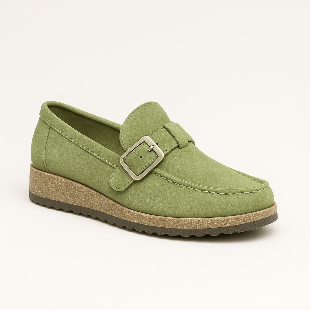 Black loafer with buckle detail, cork-textured platform sole, and slip-on design