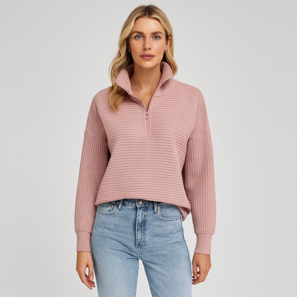 Half-zip ribbed jumper with a high collar, long sleeves, and ribbed cuffs and hem.