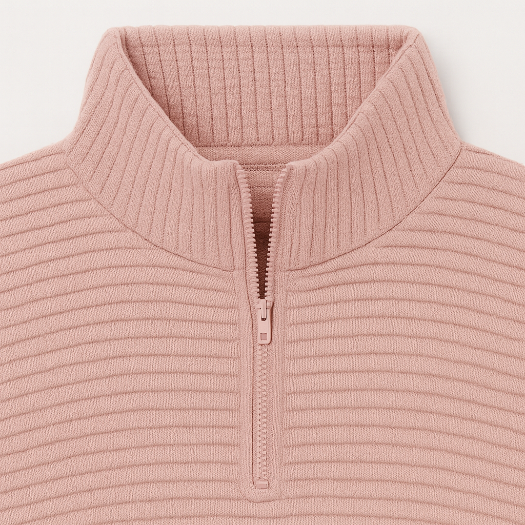 Half-zip ribbed jumper with a high collar, long sleeves, and ribbed cuffs and hem.