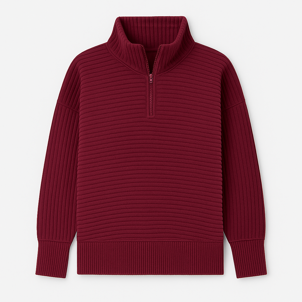 Half-zip ribbed jumper with a high collar, long sleeves, and ribbed cuffs and hem.