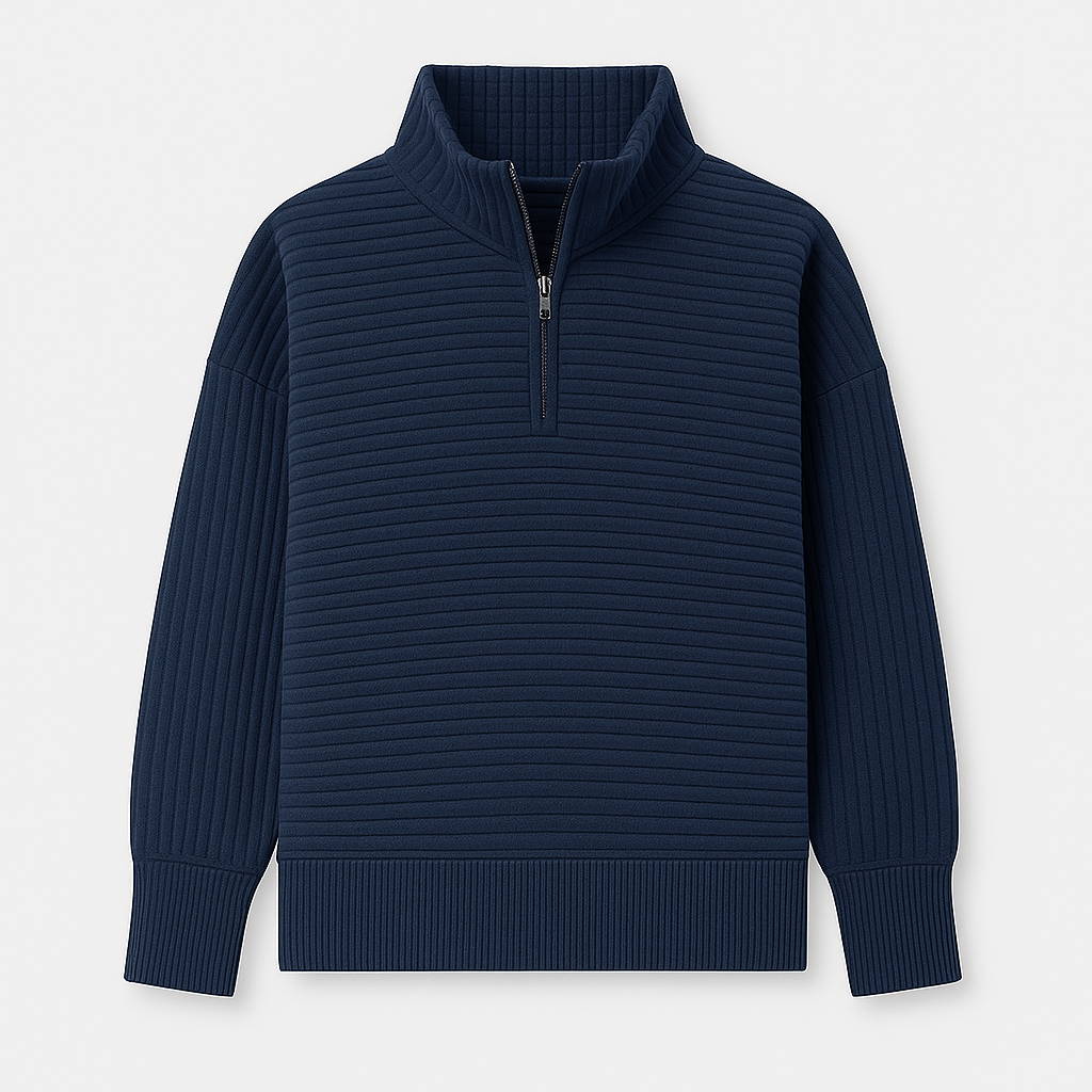 Half-zip ribbed jumper with a high collar, long sleeves, and ribbed cuffs and hem.