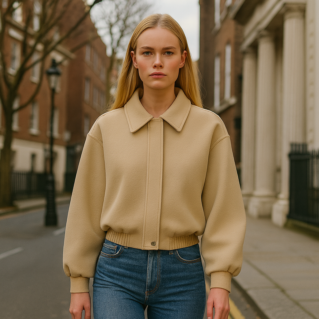 A beige wool-blend bomber jacket with a concealed front, classic collar, long sleeves, and elastic hem for a minimalist refined look.