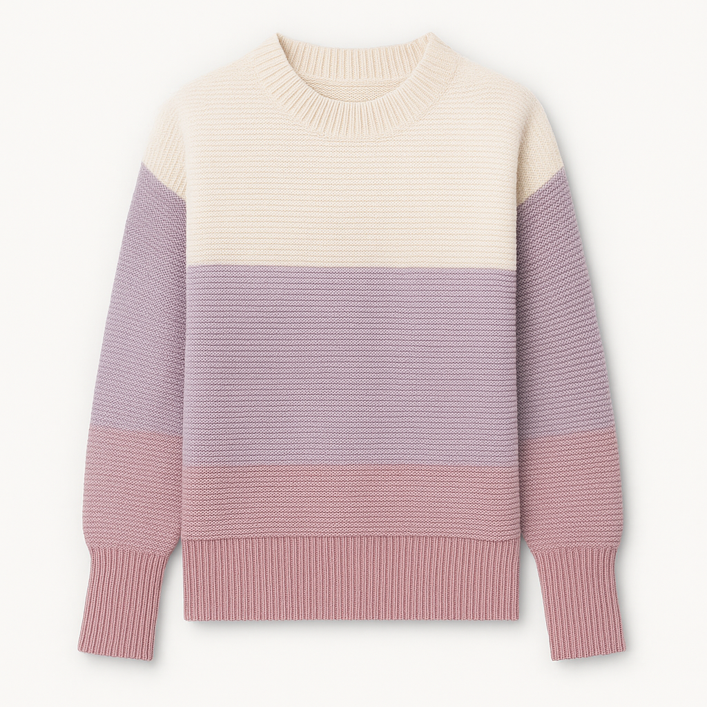 Crew neck jumper with a two-tone block design, textured knit pattern, and ribbed cuffs and hem.