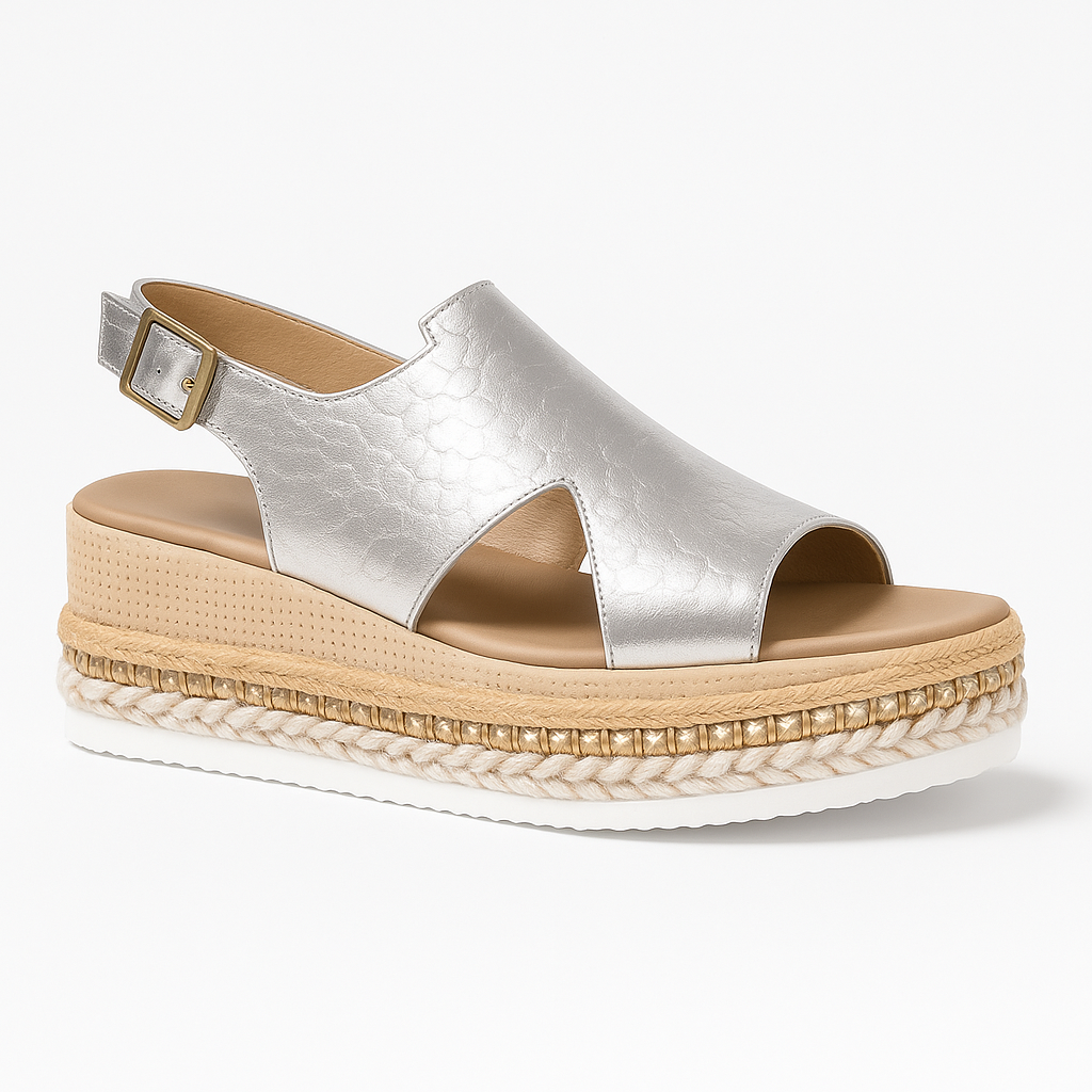 Platform sandal with textured upper, slingback strap, and braided midsole detail.