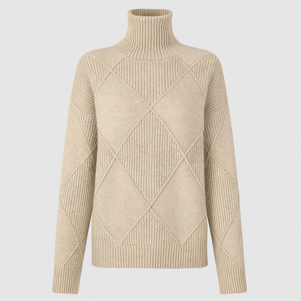 A turtleneck sweater with a large diamond-knit pattern, ribbed collar, cuffs, and hem, featuring long sleeves and a relaxed fit.