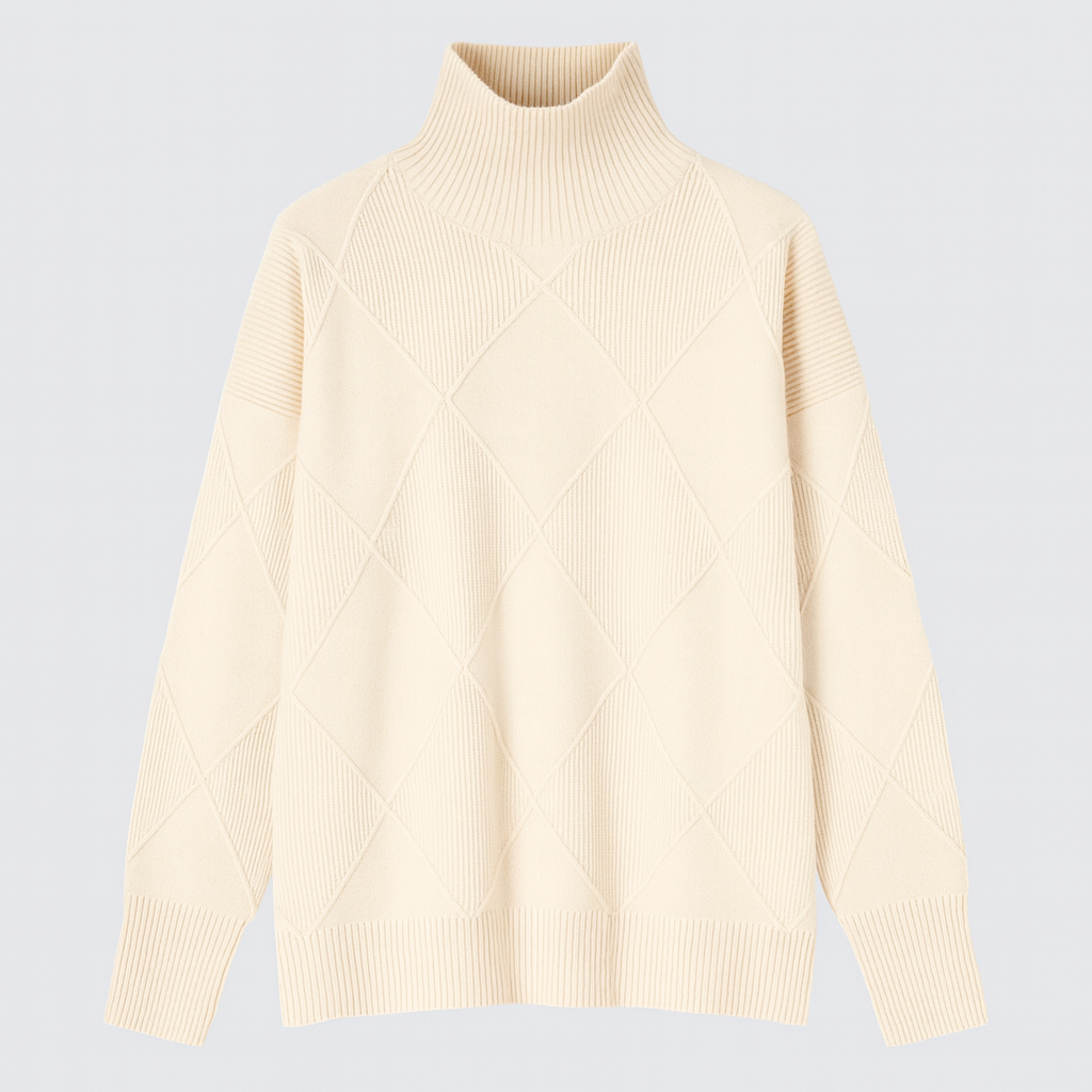 A turtleneck sweater with a large diamond-knit pattern, ribbed collar, cuffs, and hem, featuring long sleeves and a relaxed fit.