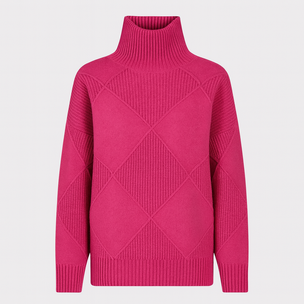 A turtleneck sweater with a large diamond-knit pattern, ribbed collar, cuffs, and hem, featuring long sleeves and a relaxed fit.