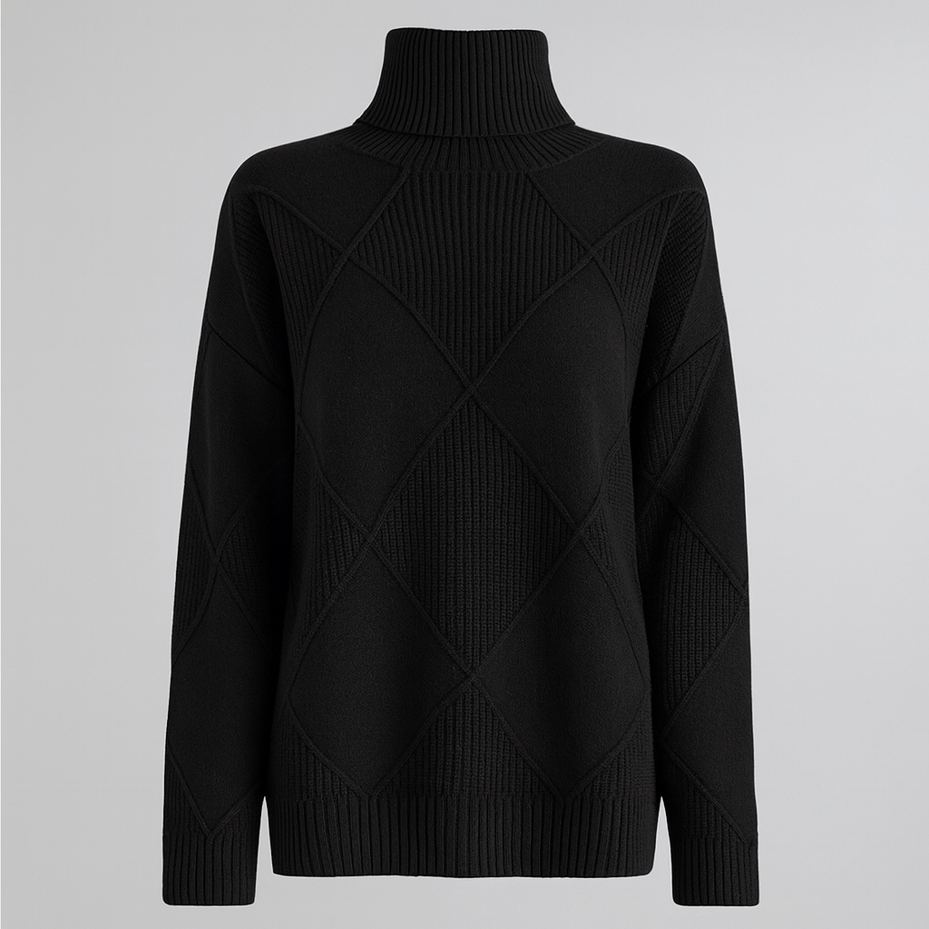 A turtleneck sweater with a large diamond-knit pattern, ribbed collar, cuffs, and hem, featuring long sleeves and a relaxed fit.