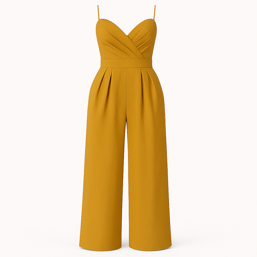 A sleek jumpsuit with thin spaghetti straps, a V-neck wrap-style bodice, and a fitted waistband. The design features wide-leg pleated pants that create an elegant and elongated silhouette, ideal for formal or evening occasions.