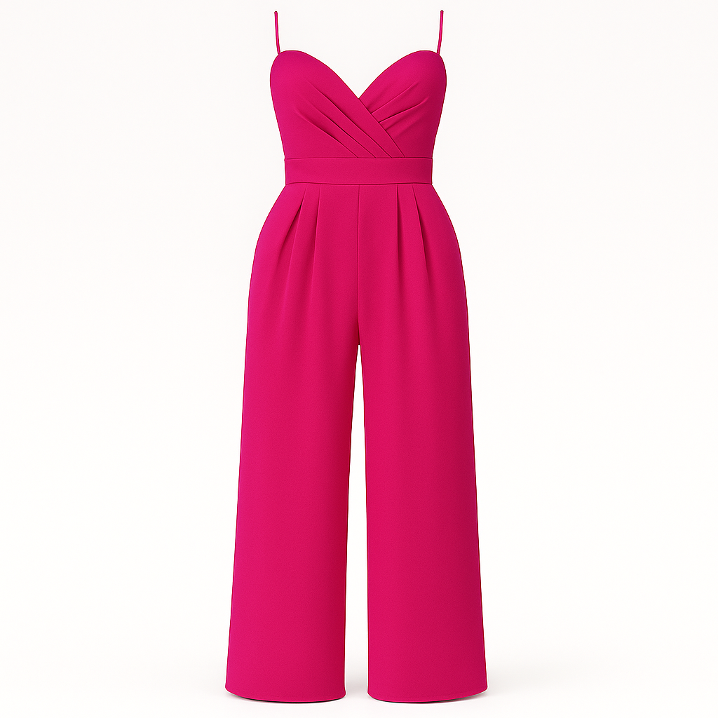 A sleek jumpsuit with thin spaghetti straps, a V-neck wrap-style bodice, and a fitted waistband. The design features wide-leg pleated pants that create an elegant and elongated silhouette, ideal for formal or evening occasions.