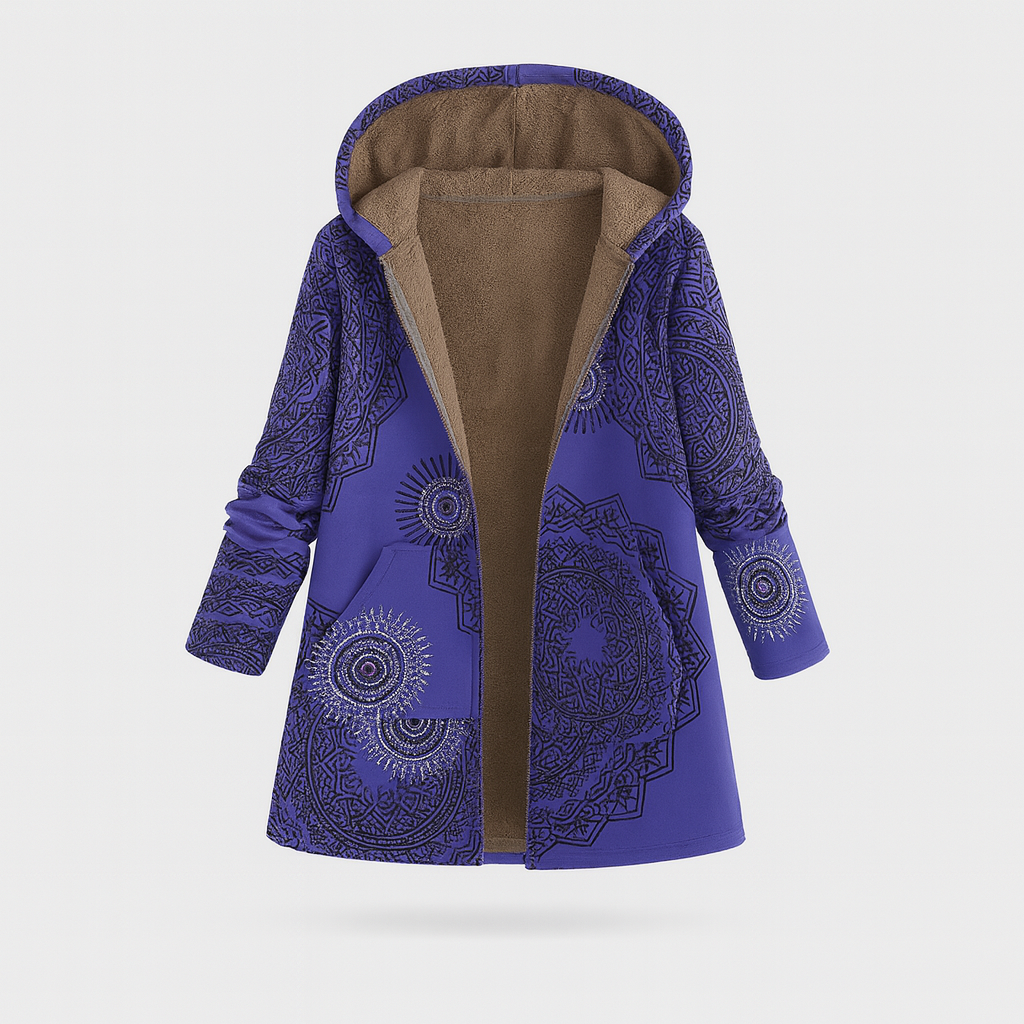 A long hooded coat with an open front design, fleece lining, long sleeves, side pockets, and a floral print exterior.