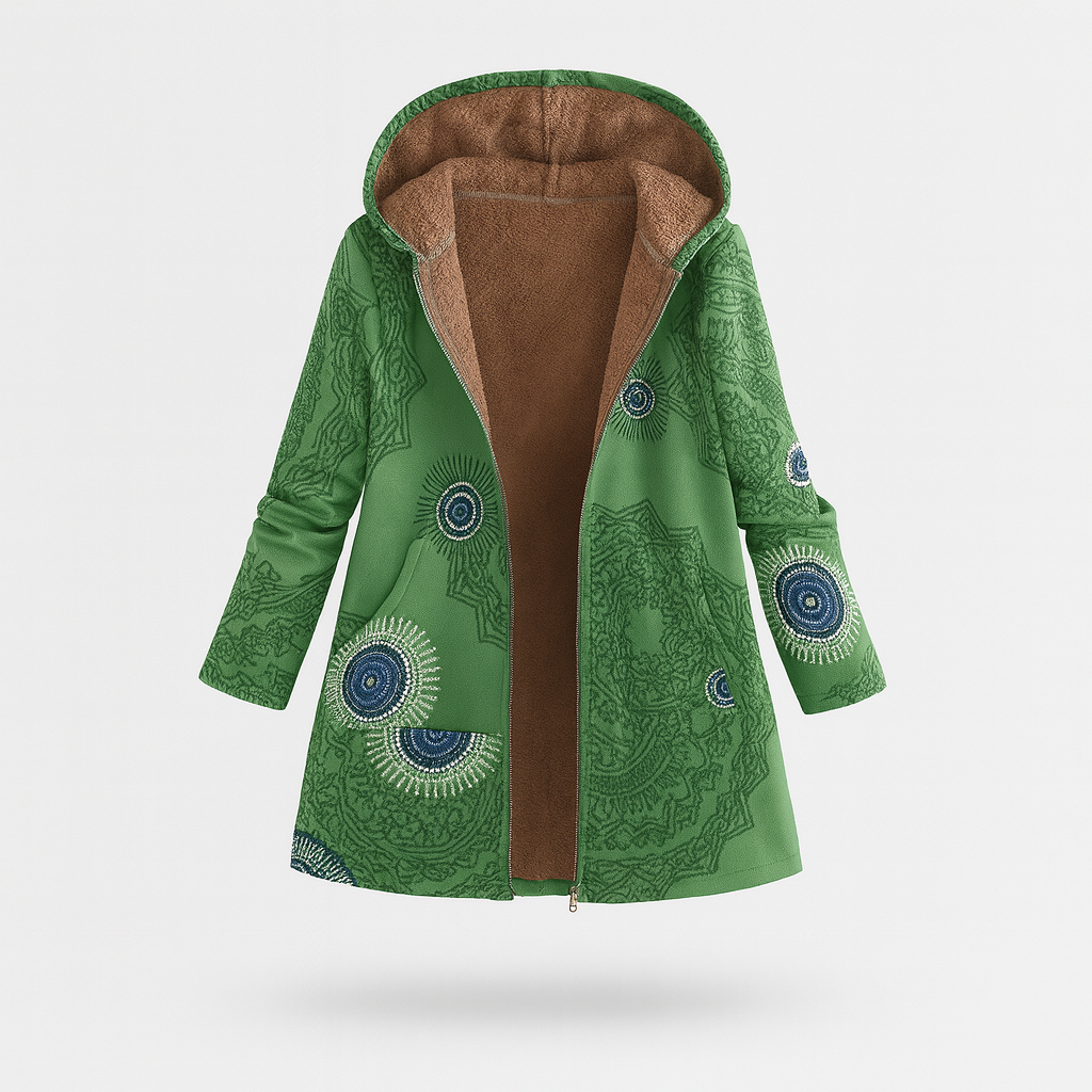 A long hooded coat with an open front design, fleece lining, long sleeves, side pockets, and a floral print exterior.