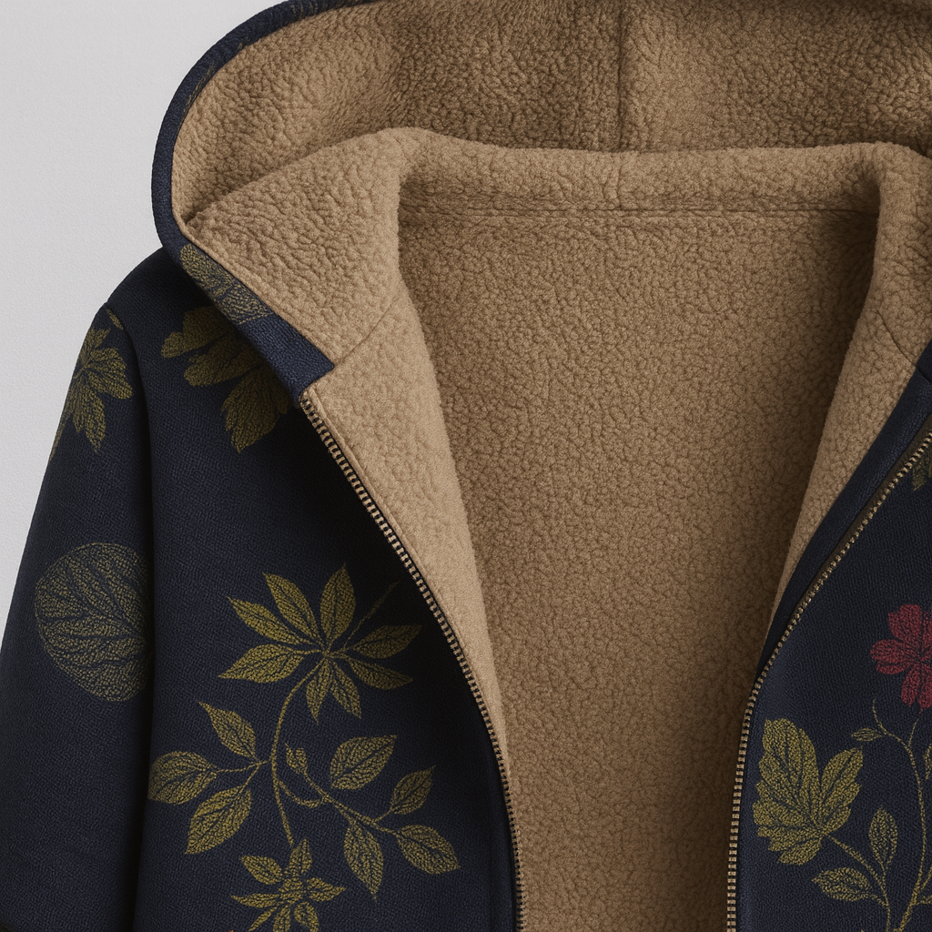 A long hooded coat with an open front design, fleece lining, long sleeves, side pockets, and a floral print exterior.