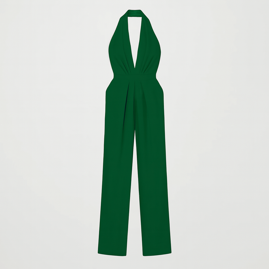 A halter-neck jumpsuit with a deep V-neckline, fitted waist, and wide-leg pants.