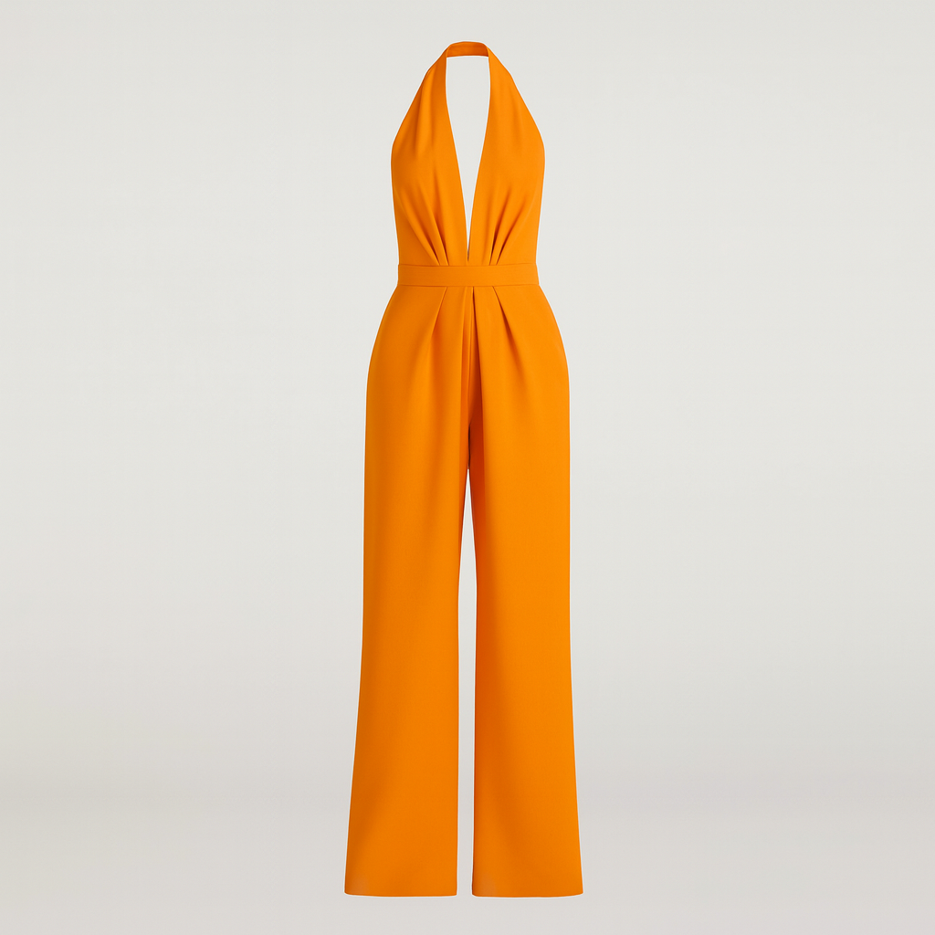 A halter-neck jumpsuit with a deep V-neckline, fitted waist, and wide-leg pants.