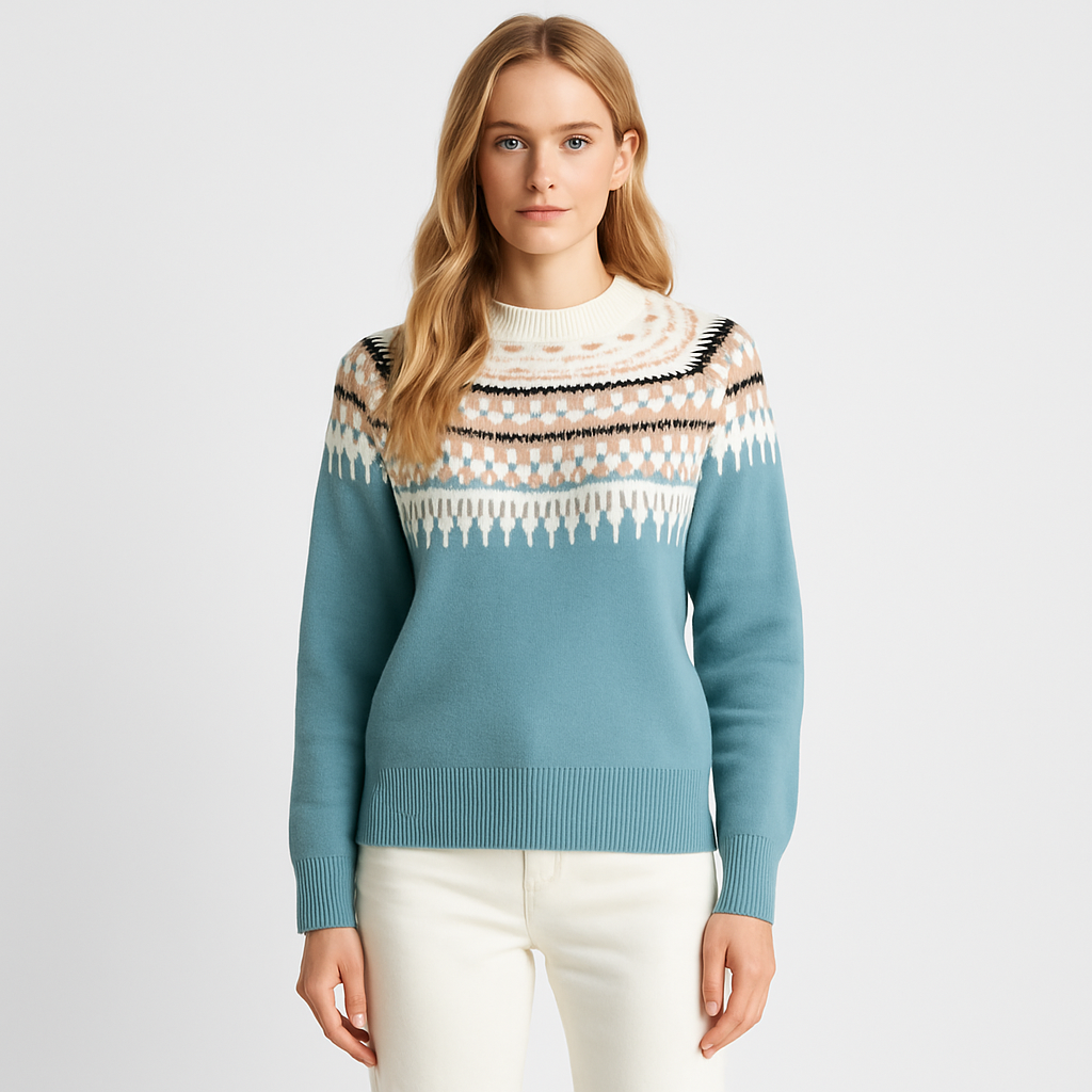 Crew neck jumper with a patterned yoke design, ribbed cuffs, and hem.