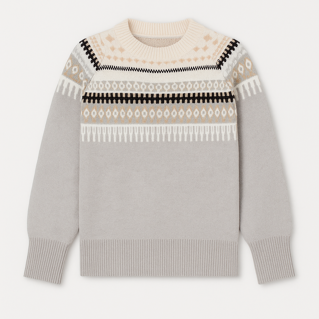 Crew neck jumper with a patterned yoke design, ribbed cuffs, and hem.