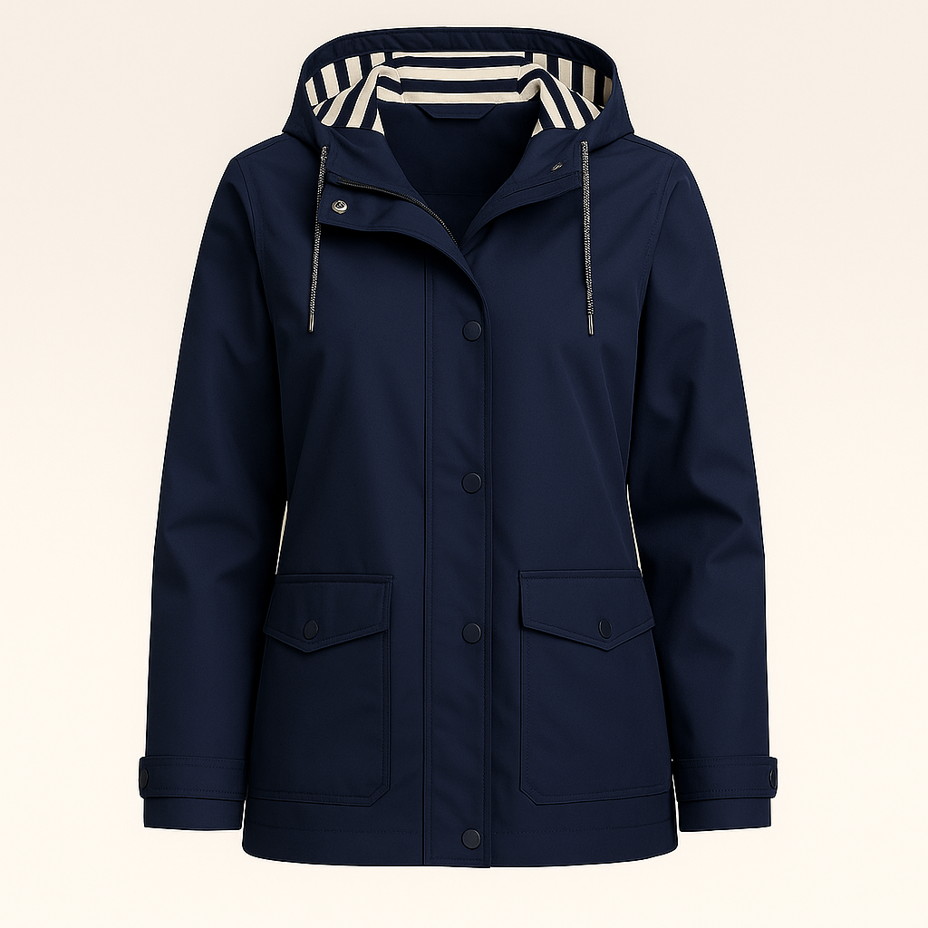 Rain jacket with hood, striped lining, front flap pockets, and button-front closure, styled for casual outdoor wear