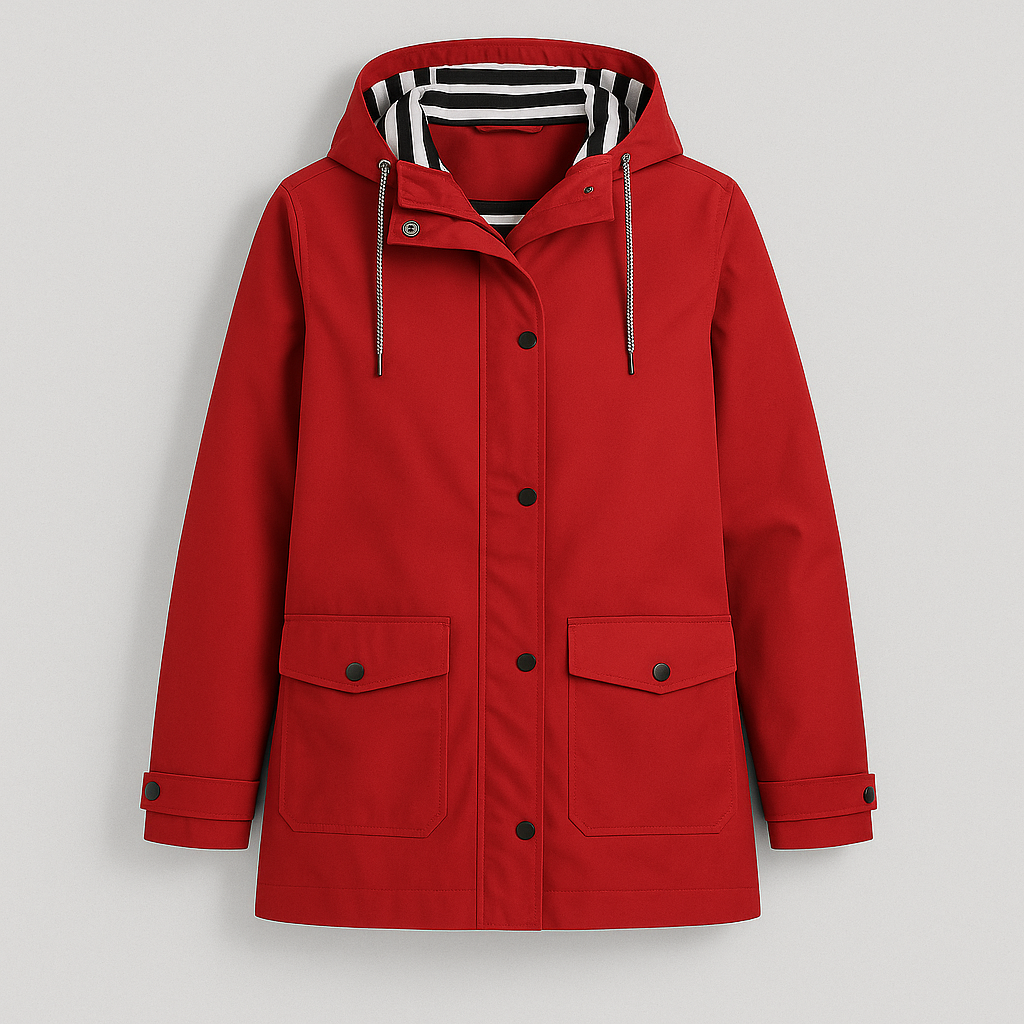 Rain jacket with hood, striped lining, front flap pockets, and button-front closure, styled for casual outdoor wear