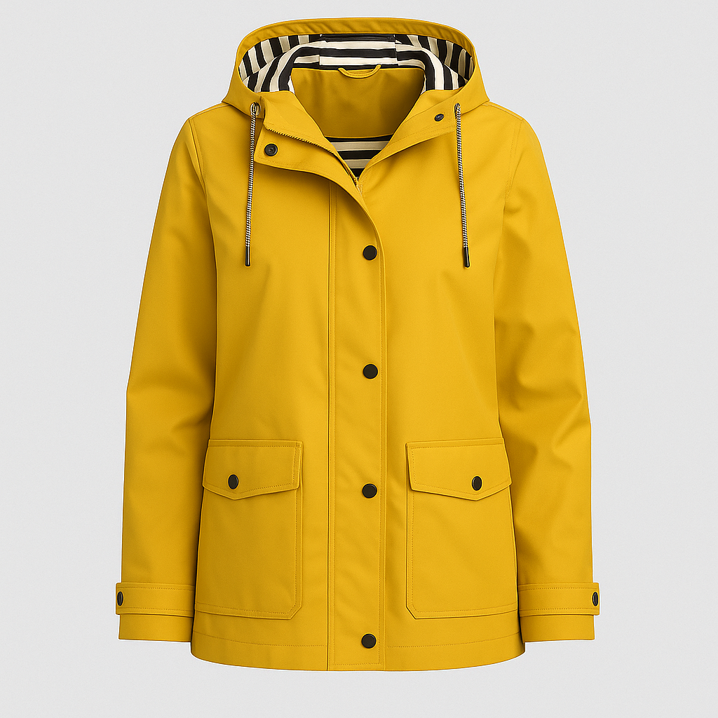 Rain jacket with hood, striped lining, front flap pockets, and button-front closure, styled for casual outdoor wear
