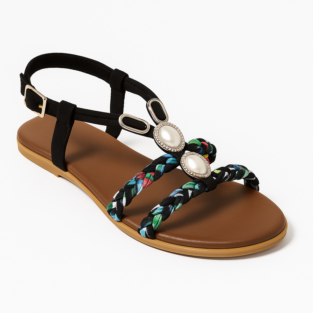 Flat sandal with ankle strap, braided multicolor straps, and decorative pearl-like embellishments set in gold accents.