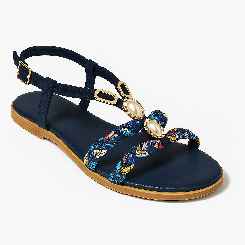Flat sandal with ankle strap, braided multicolor straps, and decorative pearl-like embellishments set in gold accents.
