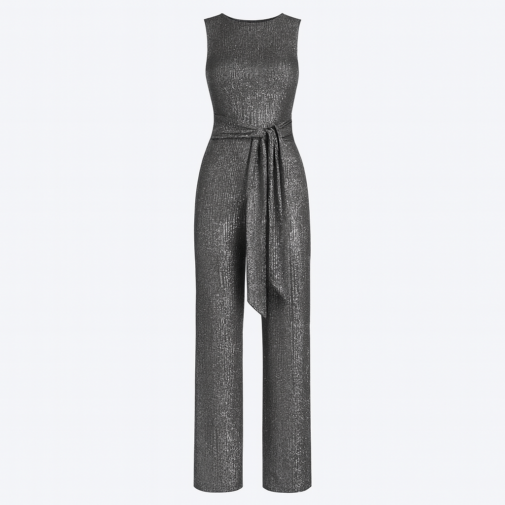 A sleeveless full-length jumpsuit with a fitted bodice, wide legs, and a matching waist tie belt.