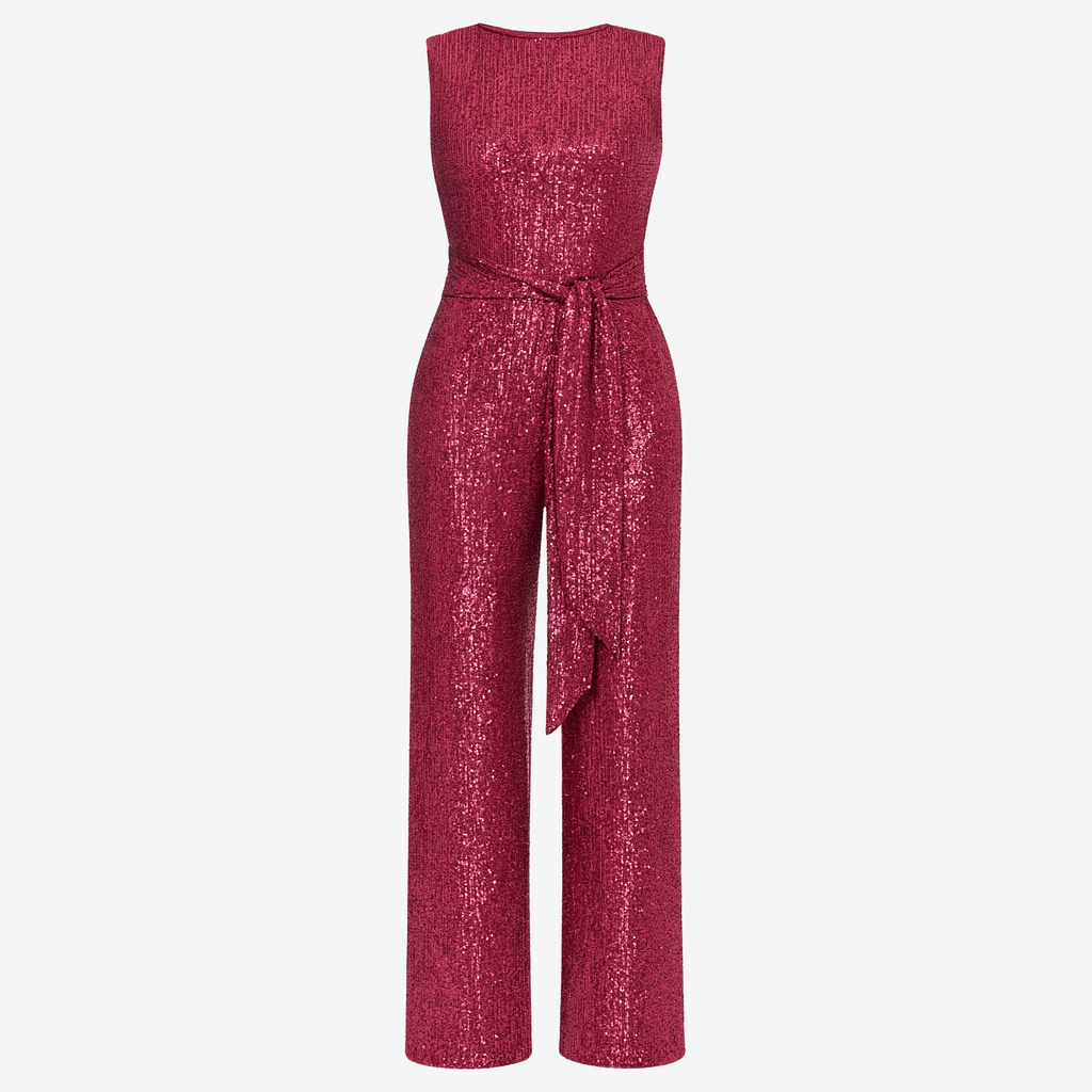 A sleeveless full-length jumpsuit with a fitted bodice, wide legs, and a matching waist tie belt.