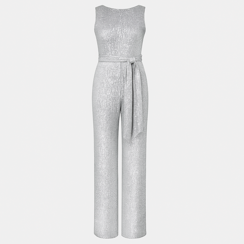 A sleeveless full-length jumpsuit with a fitted bodice, wide legs, and a matching waist tie belt.