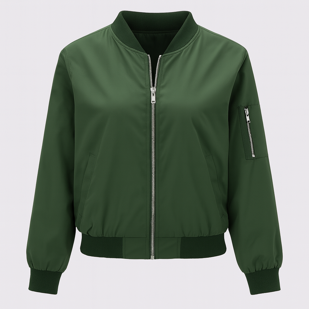 A bomber jacket with a front zipper closure, ribbed collar, cuffs, and hem, two side pockets, and a zippered pocket on the sleeve.