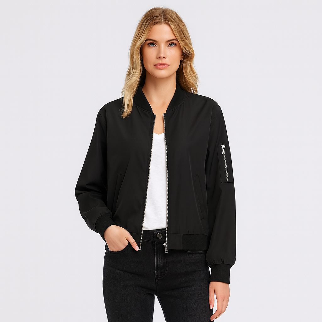 A bomber jacket with a front zipper closure, ribbed collar, cuffs, and hem, two side pockets, and a zippered pocket on the sleeve.