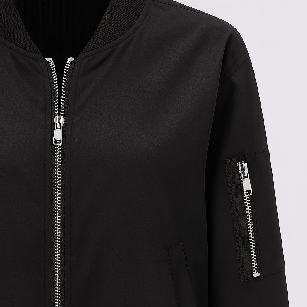 A bomber jacket with a front zipper closure, ribbed collar, cuffs, and hem, two side pockets, and a zippered pocket on the sleeve.