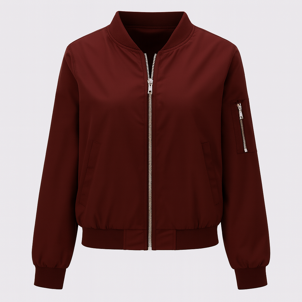 A bomber jacket with a front zipper closure, ribbed collar, cuffs, and hem, two side pockets, and a zippered pocket on the sleeve.
