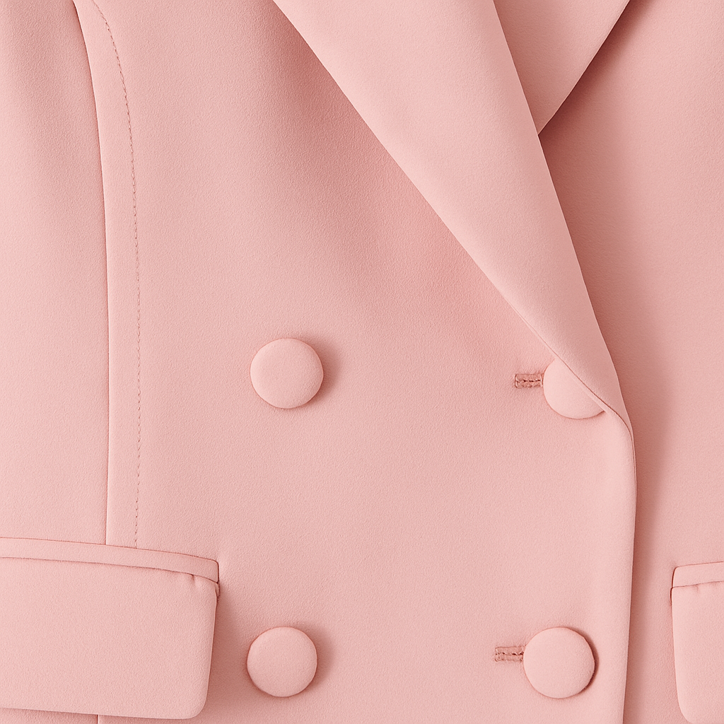 Light pink double breasted blazer with notched lapel and structured fit, featuring front flap pockets