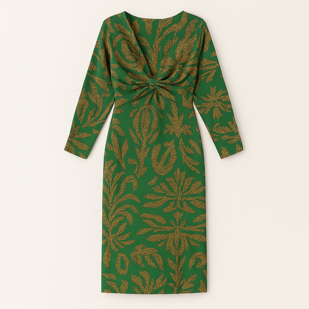 Long-sleeve midi dress with a deep V-neckline, front knot detail, and allover printed pattern.